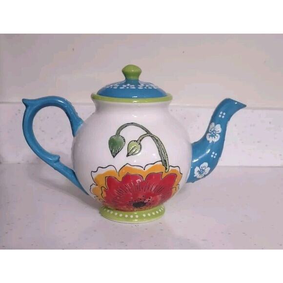 Vintage Dutch Wax Teapot Red Blue Floral Coastline Imports Ceramic - Picture 5 of 9